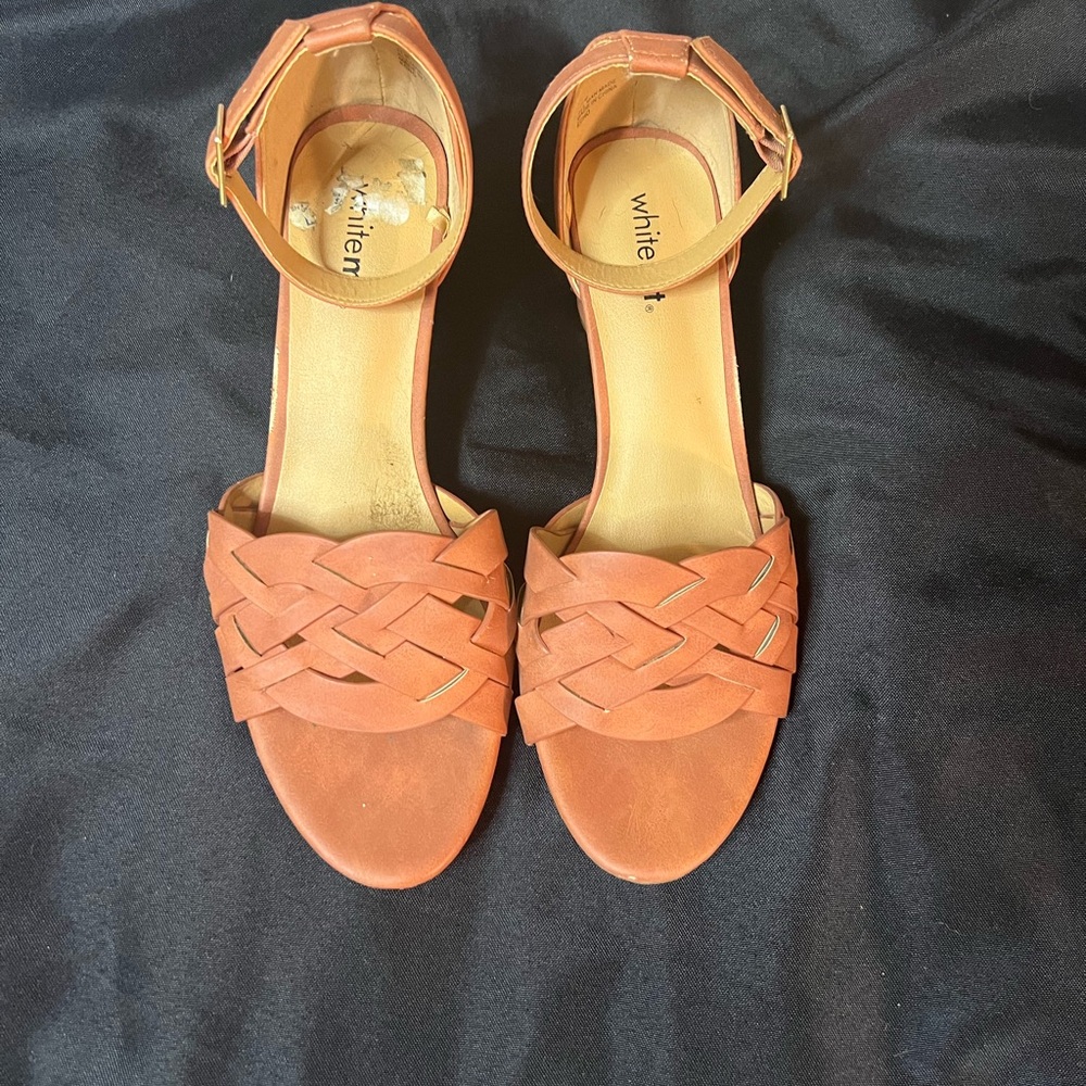 JustFab Tan Sandals with Woven Design and Ankle Strap